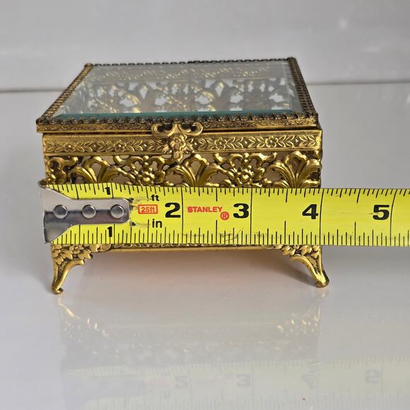 Vintage Ormolu Gold Filigree Jewelry Casket Beveled Glass Hollywood Regency - Picture 11 of 12
